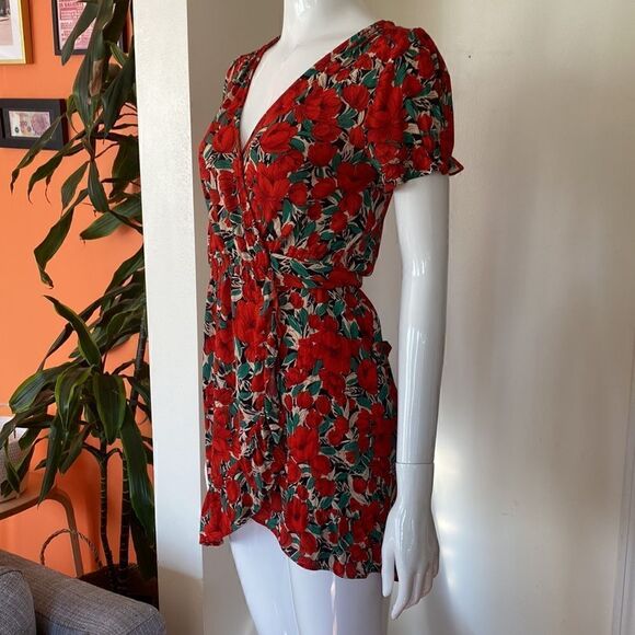 Zara Basic Red Floral Mini Wrap Dress Size XS - Picture 8 of 15